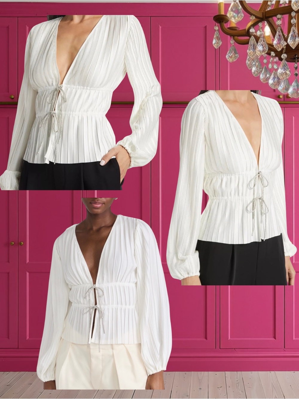WAYF Payton Plunge V-Neck Tie Front Plissè Blouse Ivory/White Size Small